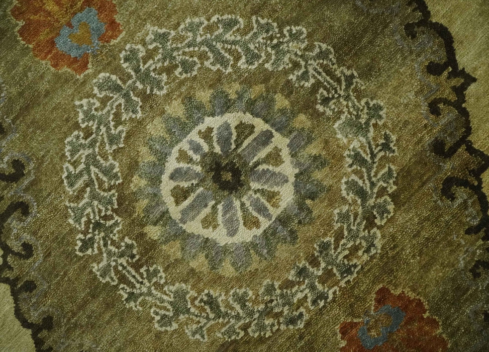 Oriental Floral Hand knotted Olive and Green 8x10 and 8.7x11.8 wool Area Rug