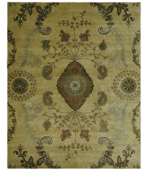 Oriental Floral Hand knotted Olive and Green 8x10 and 8.7x11.8 wool Area Rug
