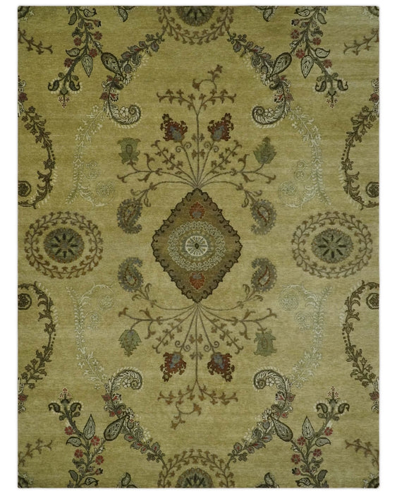 Oriental Floral Hand knotted Olive and Green 8x10 and 8.7x11.8 wool Area Rug