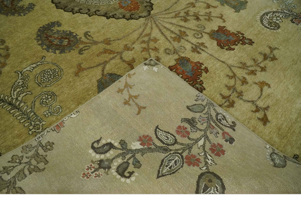 Oriental Floral Hand knotted Olive and Green 8x10 and 8.7x11.8 wool Area Rug