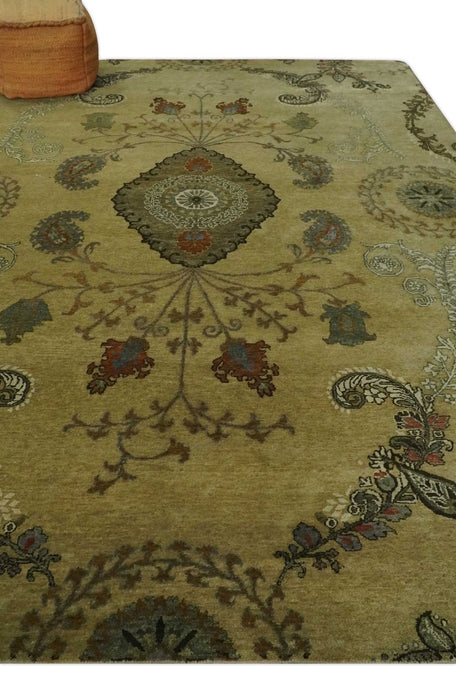 Oriental Floral Hand knotted Olive and Green 8x10 and 8.7x11.8 wool Area Rug