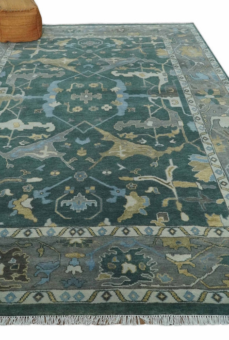 Oriental Oushak Teal Green and Gray 9x12 Hand Knotted Wool Area Rug