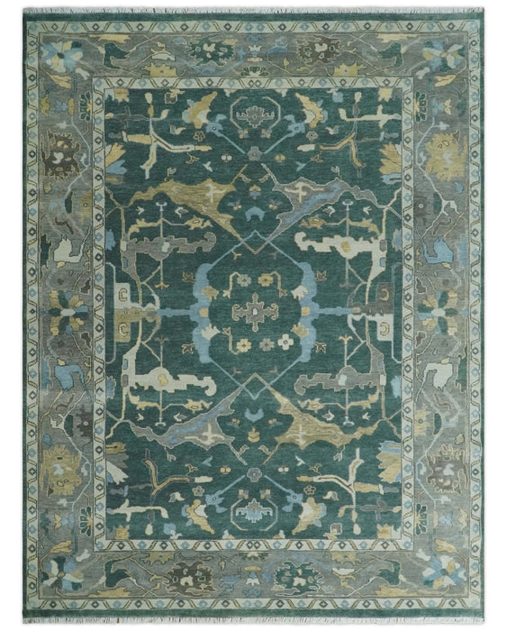 Oriental Oushak Teal Green and Gray 9x12 Hand Knotted Wool Area Rug