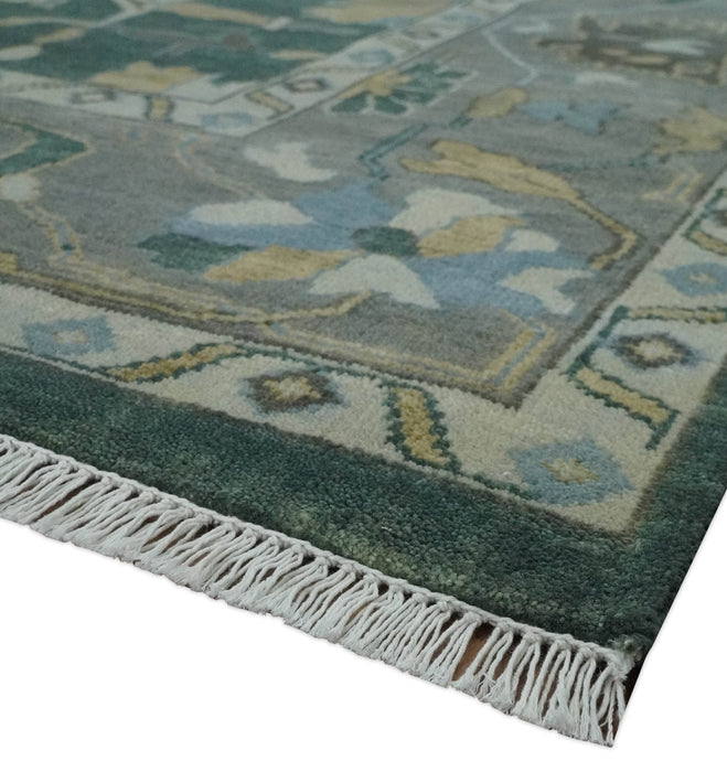 Oriental Oushak Teal Green and Gray 9x12 Hand Knotted Wool Area Rug