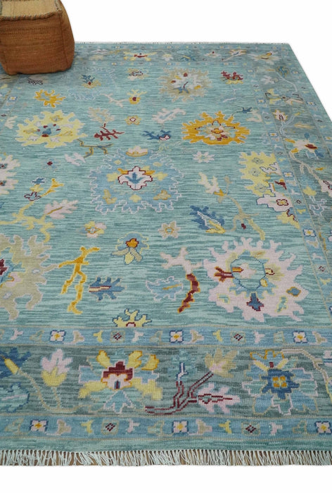 Aqua and Gray Vibrant colorful Hand knotted Oushak Multi Size Wool Area Rug