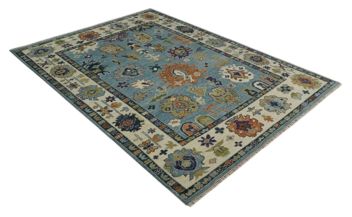 Oushak Hand Knotted Blue and Ivory Traditional Wool Multi Size wool Area Rug