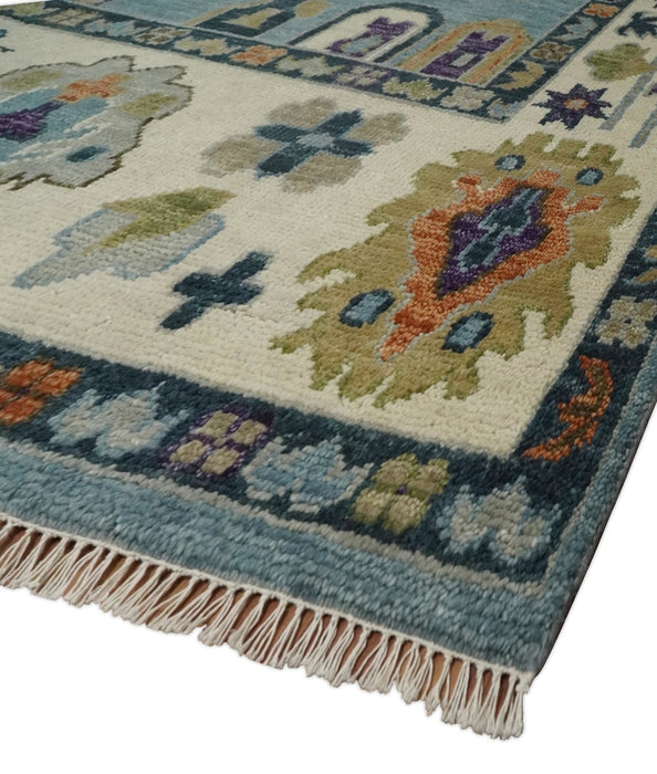 Oushak Hand Knotted Blue and Ivory Traditional Wool Multi Size wool Area Rug