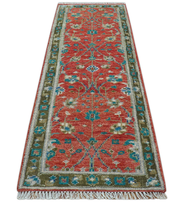 Oushak Design Red And Green 2.6x8 Hand knotted Wool Rug