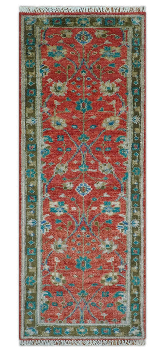 Oushak Design Red And Green 2.6x8 Hand knotted Wool Rug
