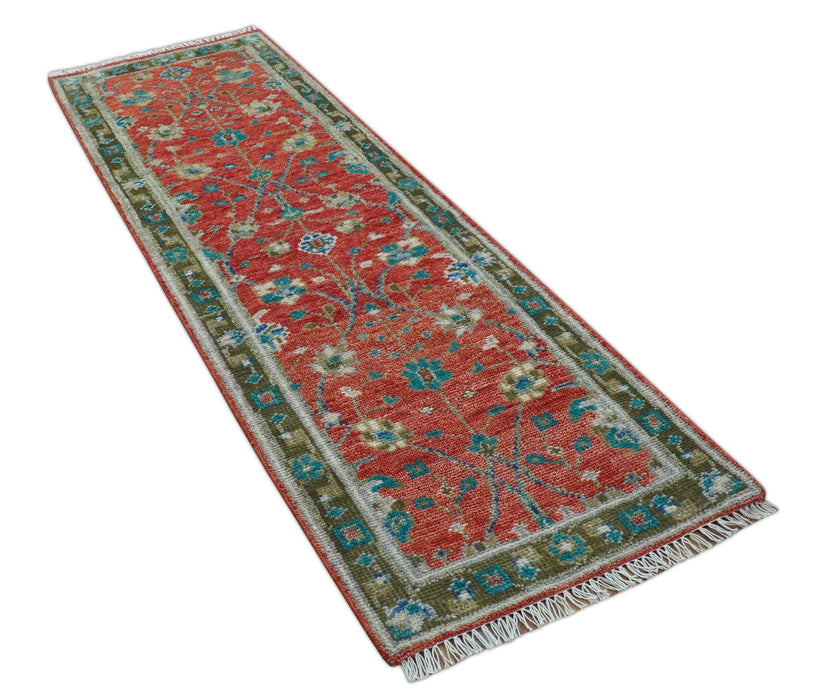 Oushak Design Red And Green 2.6x8 Hand knotted Wool Rug
