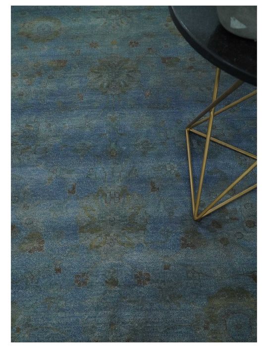 Overdyed Blue Hand Knotted 8x10 Traditional Antique Style Oushak Wool Accent Rug