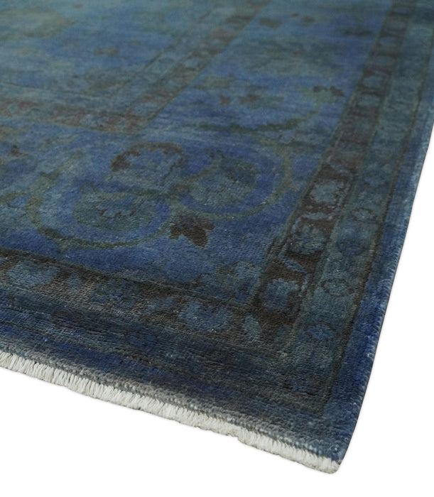 Overdyed Blue Hand Knotted 8x10 Traditional Antique Style Oushak Wool Accent Rug