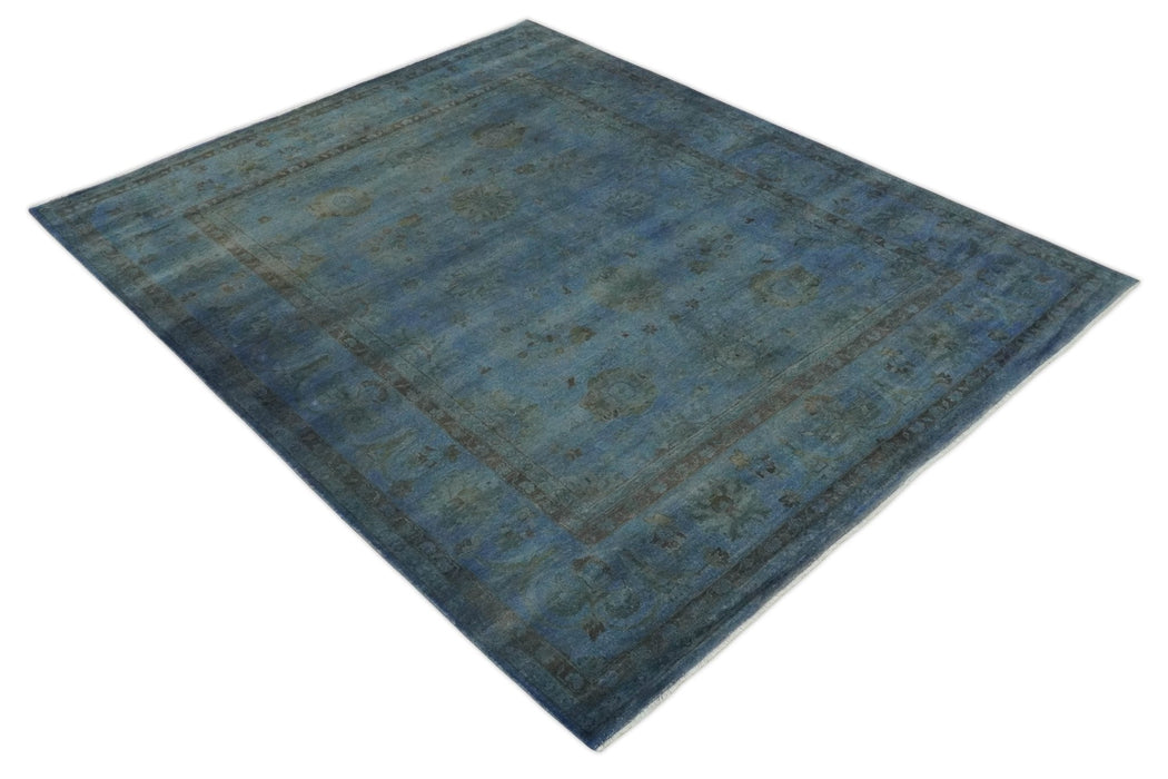 Overdyed Blue Hand Knotted 8x10 Traditional Antique Style Oushak Wool Accent Rug