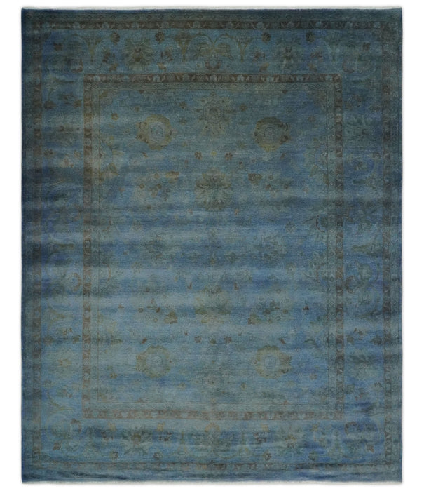 Overdyed Blue Hand Knotted 8x10 Traditional Antique Style Oushak Wool Accent Rug