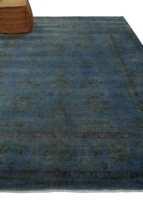 Overdyed Blue Hand Knotted 8x10 Traditional Antique Style Oushak Wool Accent Rug