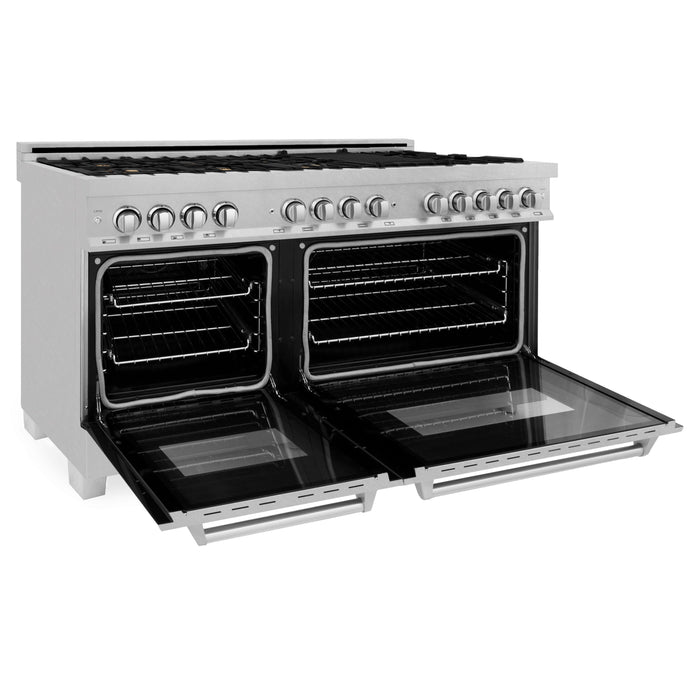 ZLINE 60 in. Professional Gas Burner, 7.6 cu. ft. Electric Oven in DuraSnow® Stainless and Brass Burner Set, RAS-SN-BR-60