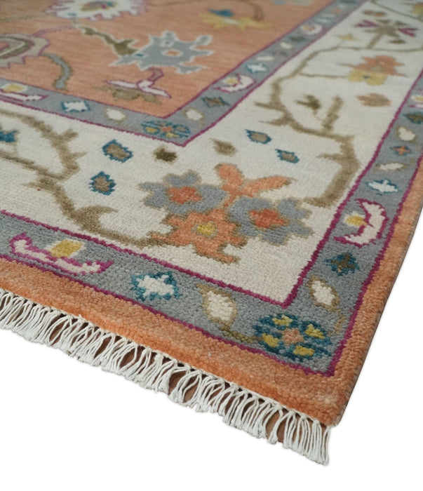 Peach and Ivory Hand knotted Oushak Custom Made wool Area Rug