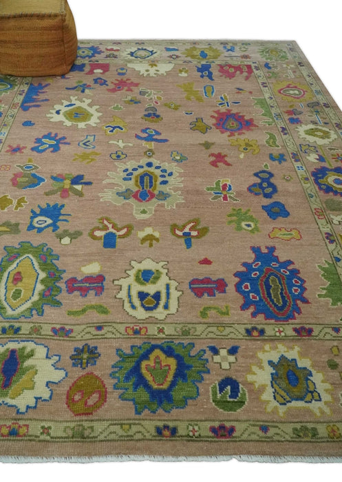 Peach, Blue and Olive Hand knotted Traditional Custom Made Oushak wool Area Rug