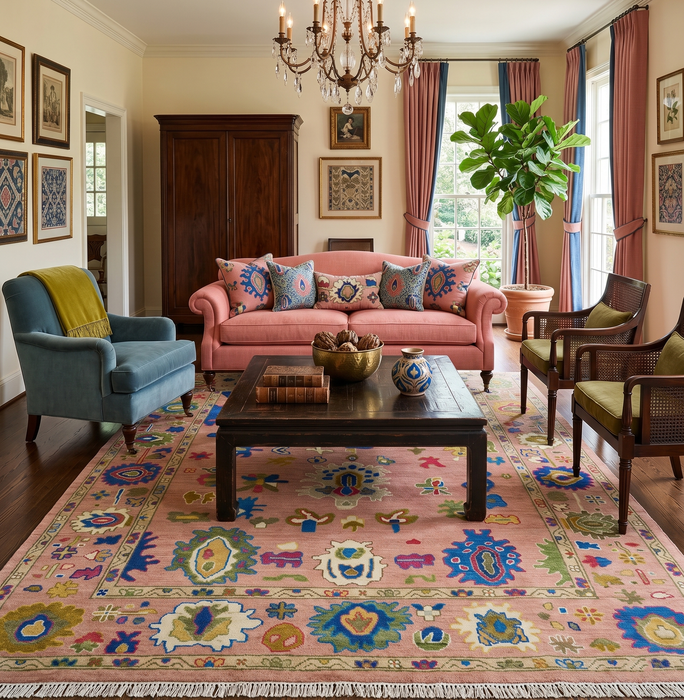 Peach, Blue and Olive Hand knotted Traditional Custom Made Oushak wool Area Rug