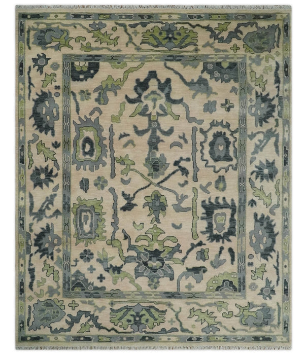 Peach, Charcoal and Green Hand knotted 8x10 and 9x12 Oushak Traditional Wool Area Rug