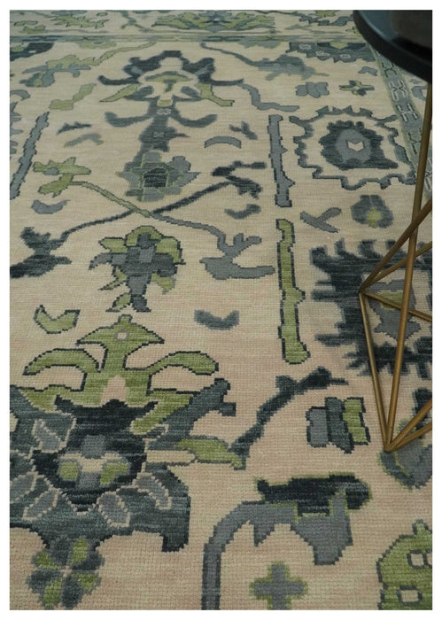 Peach, Charcoal and Green Hand knotted 8x10 and 9x12 Oushak Traditional Wool Area Rug