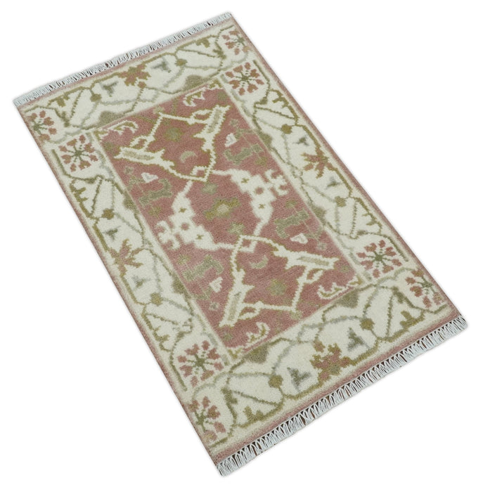 Peach, Ivory and Olive hand knotted 2x3 Oriental Oushak Wool Area Rug