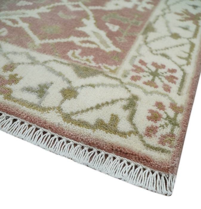 Peach, Ivory and Olive hand knotted 2x3 Oriental Oushak Wool Area Rug