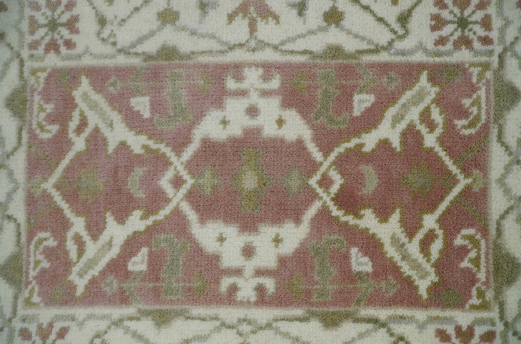 Peach, Ivory and Olive hand knotted 2x3 Oriental Oushak Wool Area Rug