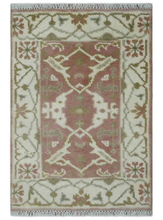 Peach, Ivory and Olive hand knotted 2x3 Oriental Oushak Wool Area Rug
