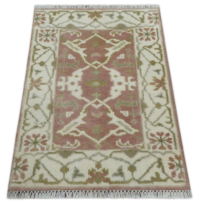 Peach, Ivory and Olive hand knotted 2x3 Oriental Oushak Wool Area Rug
