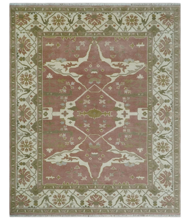 Peach, Ivory and Olive Hand knotted 8x10 and 9x12 Oriental Oushak Traditional Wool Area Rug, Kids, Living Room and Bedroom Rug