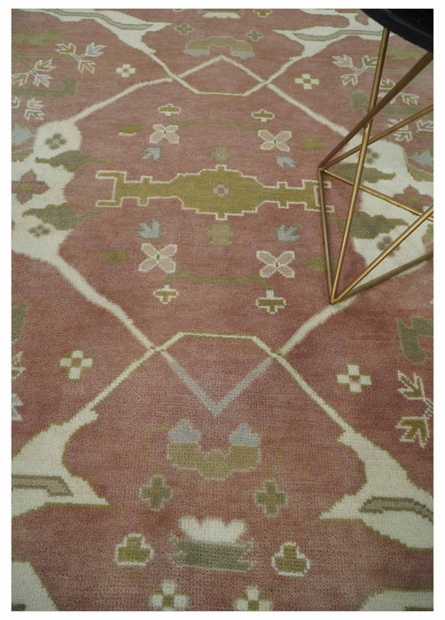 Peach, Ivory and Olive Hand knotted 8x10 and 9x12 Oriental Oushak Traditional Wool Area Rug, Kids, Living Room and Bedroom Rug