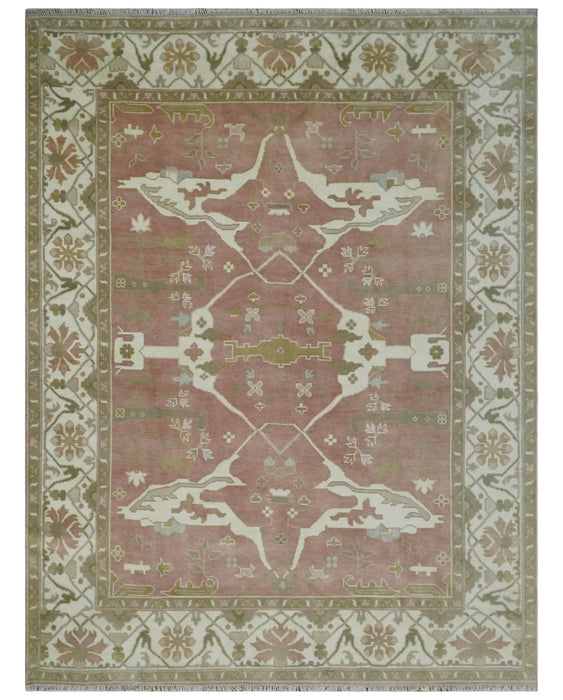 Peach, Ivory and Olive Hand knotted 8x10 and 9x12 Oriental Oushak Traditional Wool Area Rug, Kids, Living Room and Bedroom Rug