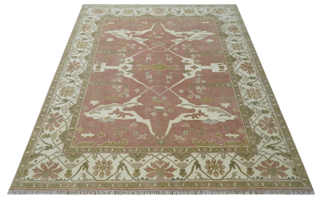 Peach, Ivory and Olive Hand knotted 8x10 and 9x12 Oriental Oushak Traditional Wool Area Rug, Kids, Living Room and Bedroom Rug