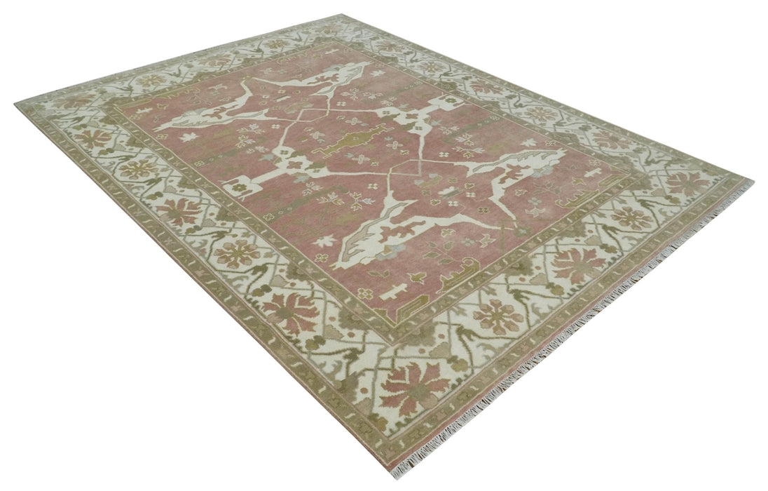 Peach, Ivory and Olive Hand knotted 8x10 and 9x12 Oriental Oushak Traditional Wool Area Rug, Kids, Living Room and Bedroom Rug