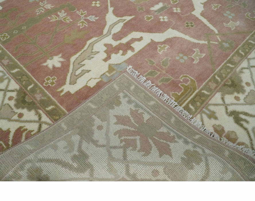 Peach, Ivory and Olive Hand knotted 8x10 and 9x12 Oriental Oushak Traditional Wool Area Rug, Kids, Living Room and Bedroom Rug
