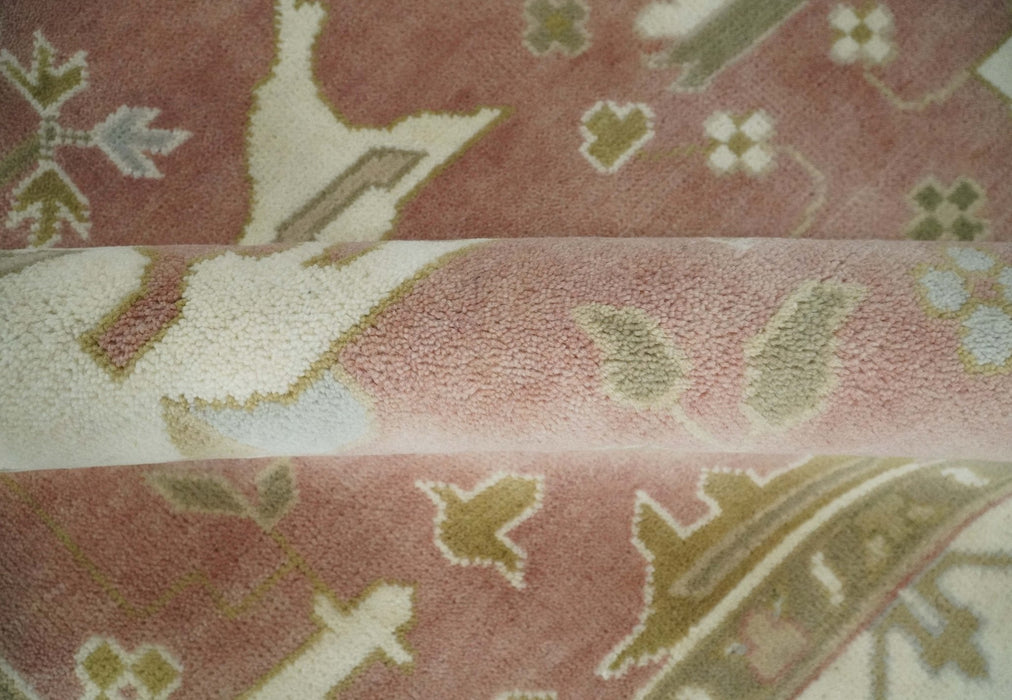 Peach, Ivory and Olive Hand knotted 8x10 and 9x12 Oriental Oushak Traditional Wool Area Rug, Kids, Living Room and Bedroom Rug