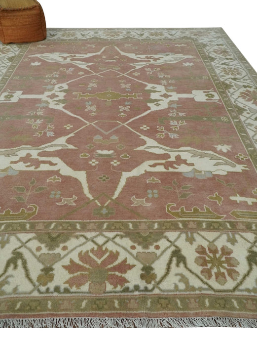 Peach, Ivory and Olive Hand knotted 8x10 and 9x12 Oriental Oushak Traditional Wool Area Rug, Kids, Living Room and Bedroom Rug