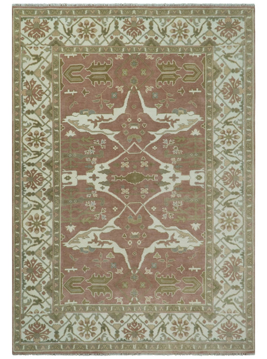 Peach, Ivory and Olive Hand knotted Multi size Oriental Oushak Traditional Wool Area Rug