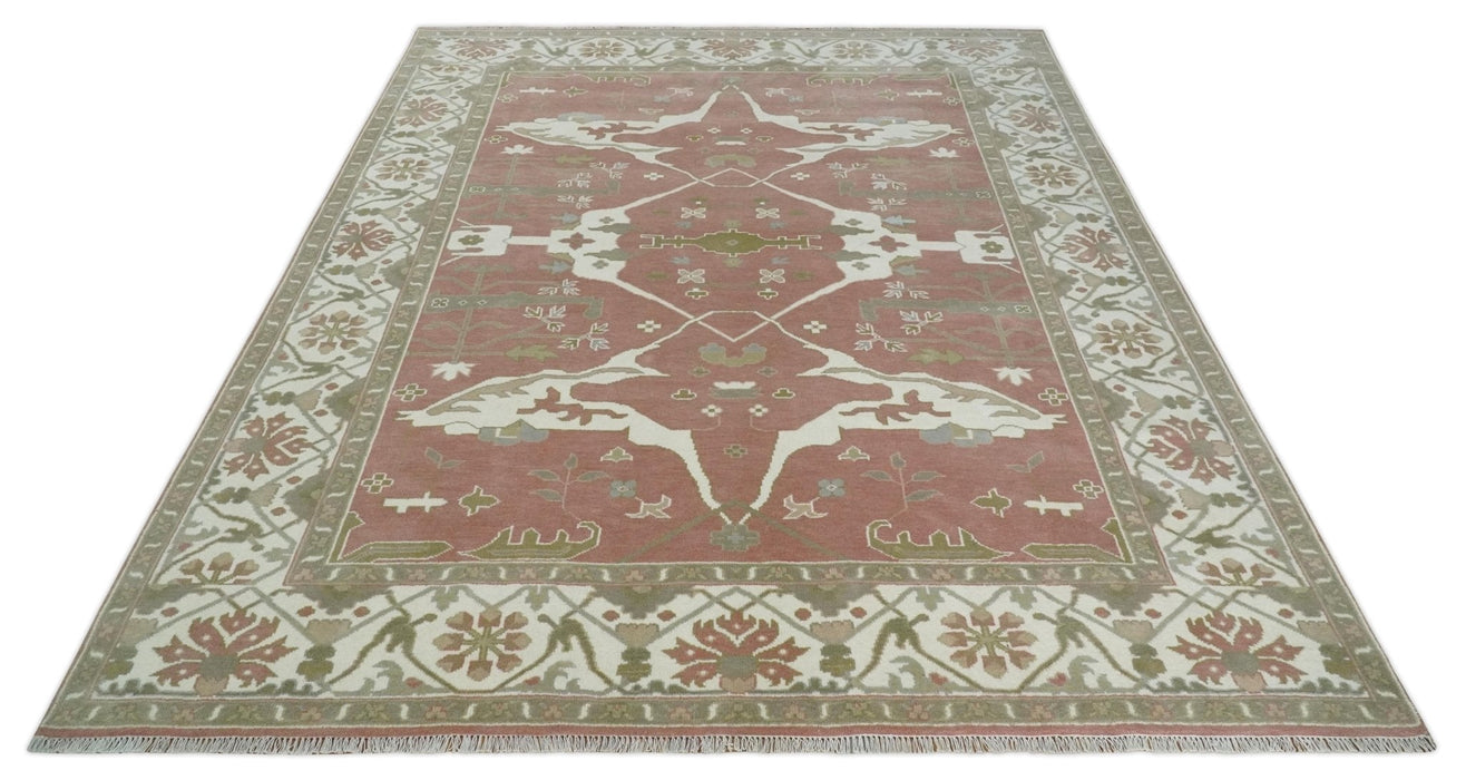 Peach, Ivory and Olive Hand knotted Multi size Oriental Oushak Traditional Wool Area Rug