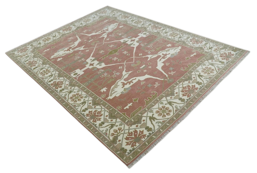 Peach, Ivory and Olive Hand knotted Multi size Oriental Oushak Traditional Wool Area Rug