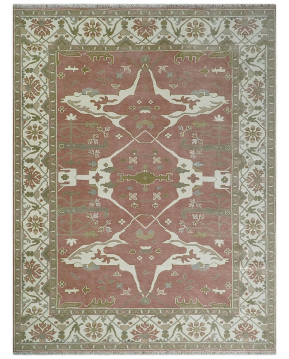Peach, Ivory and Olive Hand knotted Multi size Oriental Oushak Traditional Wool Area Rug