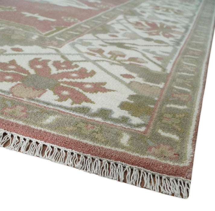 Peach, Ivory and Olive Hand knotted Multi size Oriental Oushak Traditional Wool Area Rug