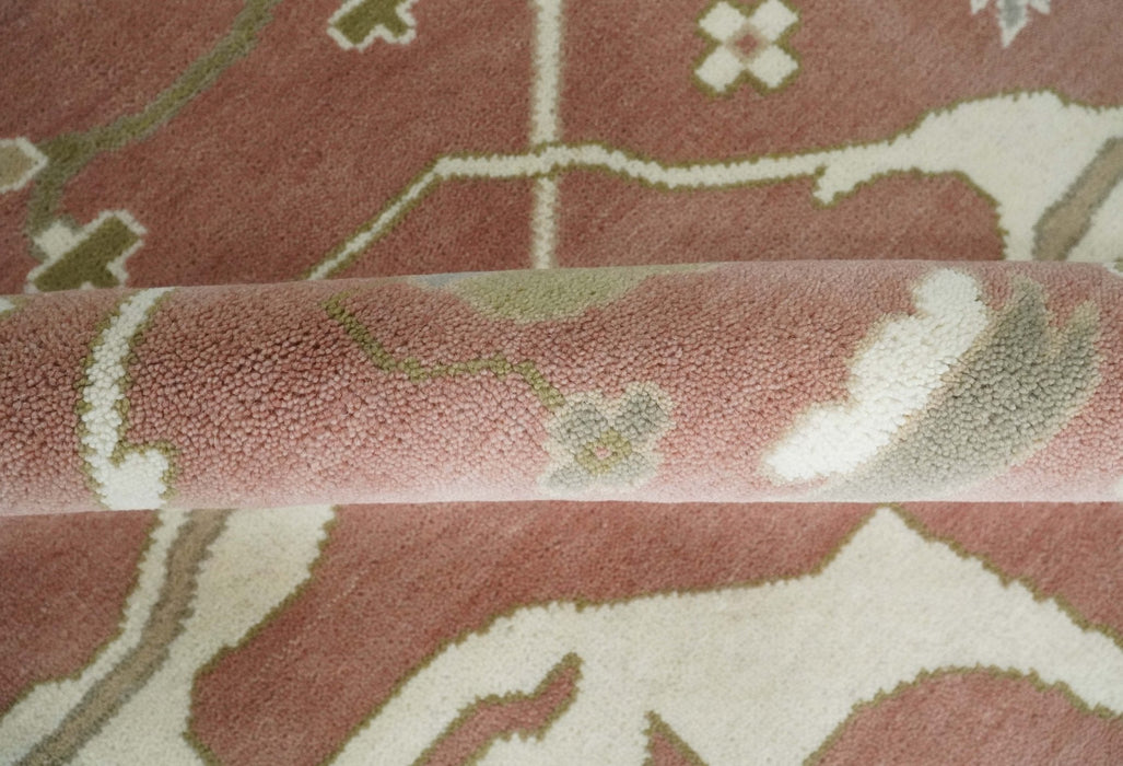 Peach, Ivory and Olive Hand knotted Multi size Oriental Oushak Traditional Wool Area Rug