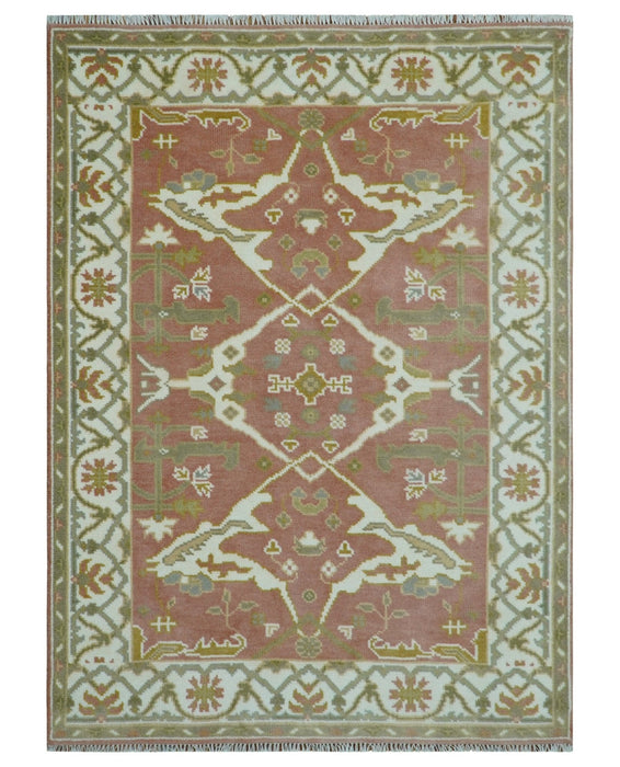 Peach, Ivory and Olive Hand knotted Multi size Oriental Oushak Traditional Wool Area Rug