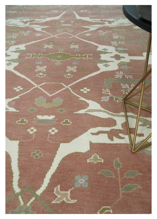 Peach, Ivory and Olive Hand knotted Multi size Oriental Oushak Traditional Wool Area Rug