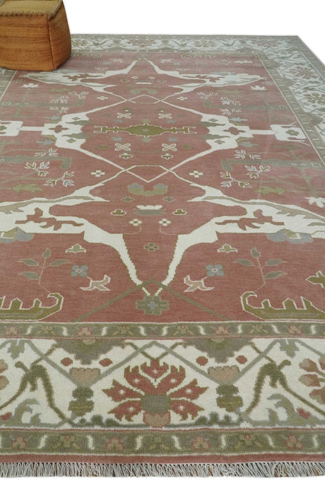 Peach, Ivory and Olive Hand knotted Multi size Oriental Oushak Traditional Wool Area Rug