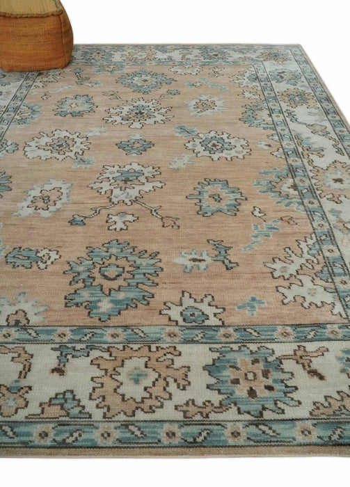 Peach, Ivory and Teal Hand knotted Traditional Oushak 8x10 wool Area Rug