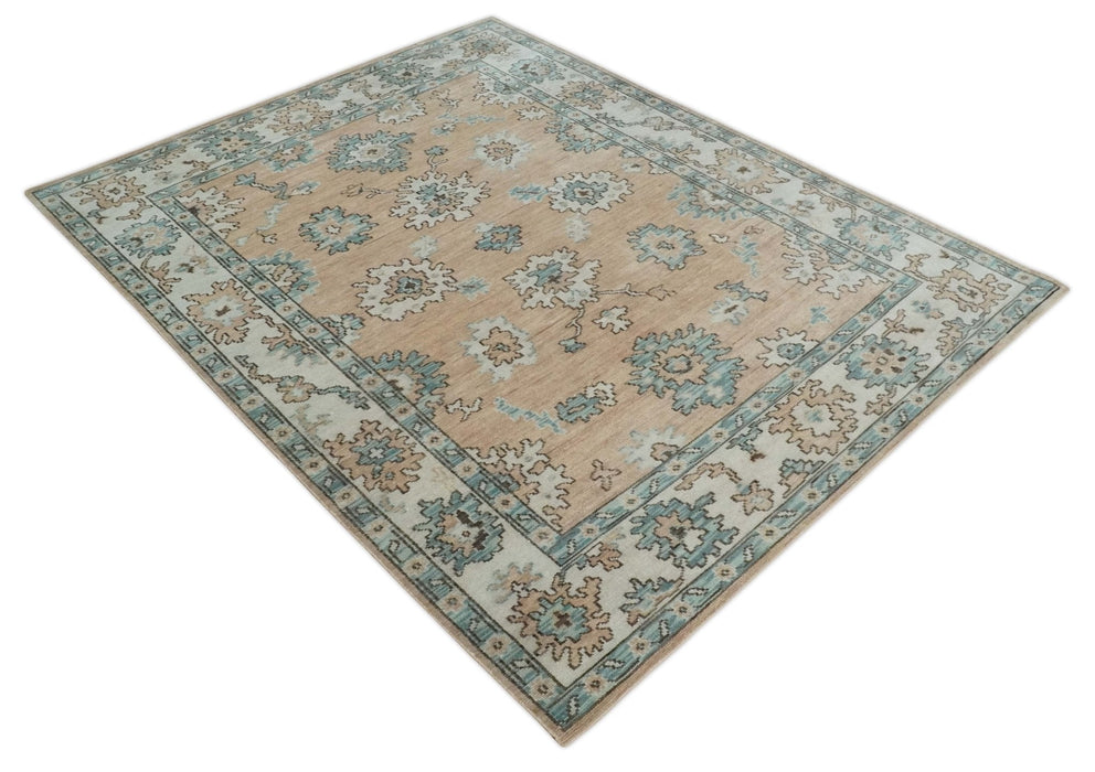 Peach, Ivory and Teal Hand knotted Traditional Oushak 8x10 wool Area Rug