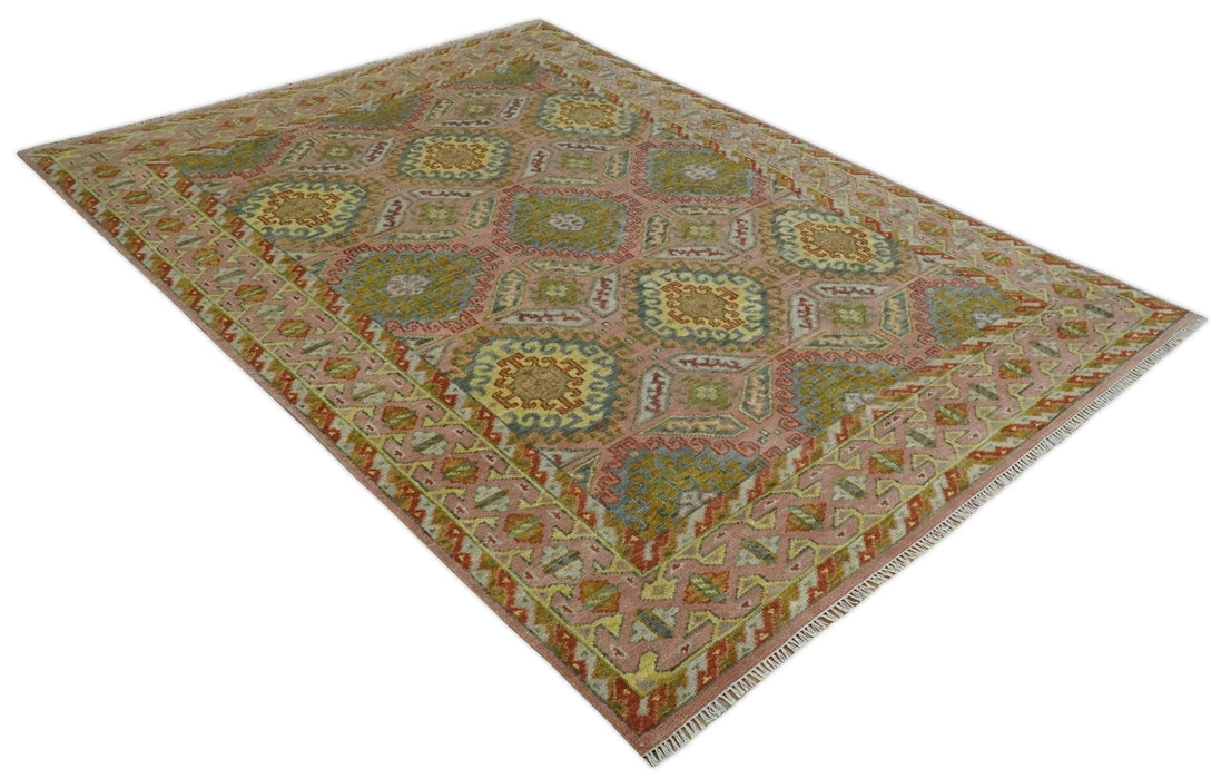 Peach, Mustard, Brown and Gray Oriental Hand Knotted 8x10 and 9x12 Wool Area Rug